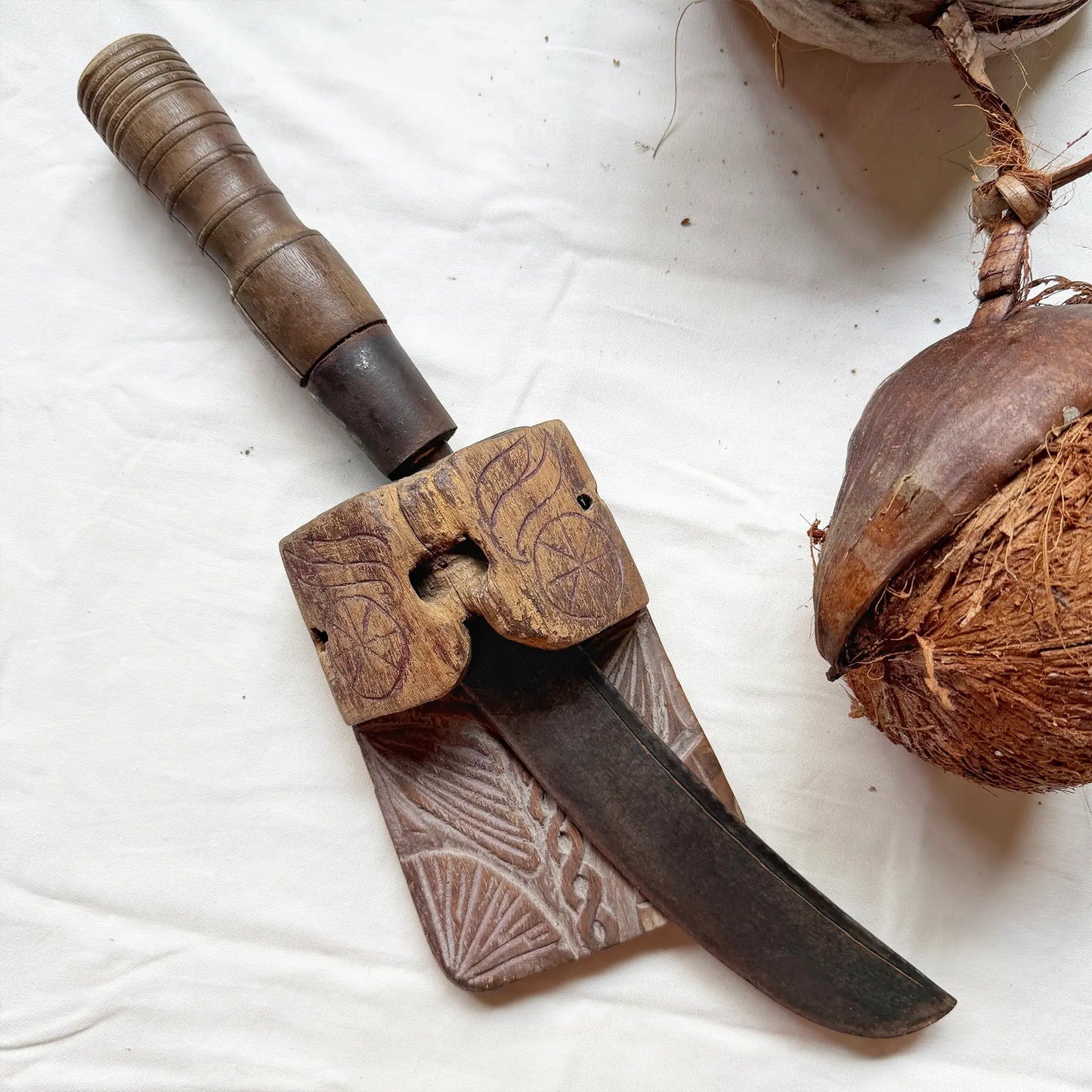 Vintage Carved Wooden Knife Holder | Coconut Harvester Belt Holster | Asian Folk Art | DG1501