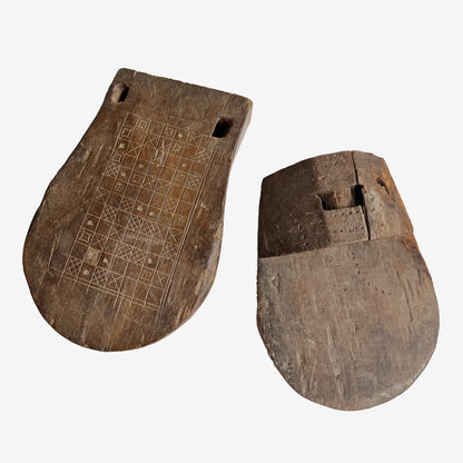 Vintage Wooden Dagger Holder for Coconut Harvester (Set of 2) with Javanese Calendar Carving | DG1502