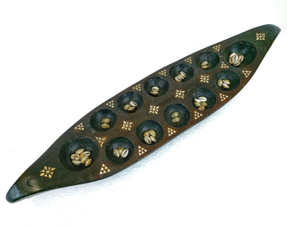 Wooden Ship Vintage Mancala Board Game with Shell Inlay Art from Lombok Island Strategy Game Collectibles Home Decor Vintage Object