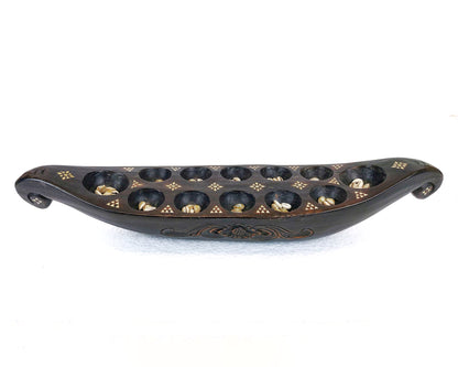 Wooden Ship Vintage Mancala Board Game with Shell Inlay Art from Lombok Island Strategy Game Collectibles Home Decor Vintage Object